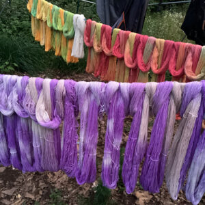 Colorful yarn strands drying on an outdoor rack in the evening light.